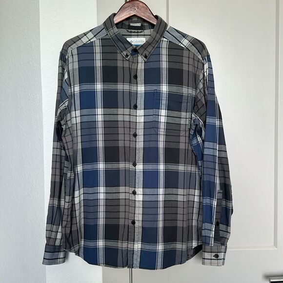 COLUMBIA GREY AND BLUE BUTTON LONG SLEEVE BUTTON DOWN MENS LARGE - Picture 1 of 5